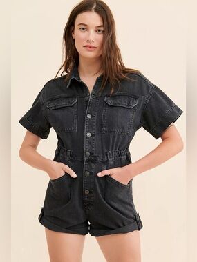 Free People Marci Cuffed Shortalls Black Size Medium